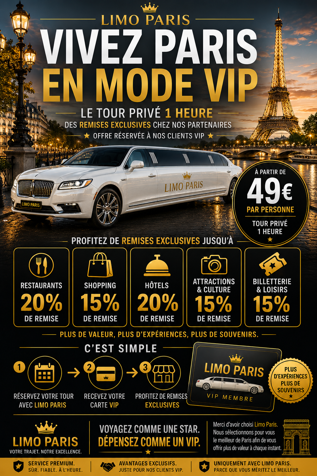 Offre VIP LimoParis : tour privé 1h, remises jusqu'à 20% chez nos partenaires.